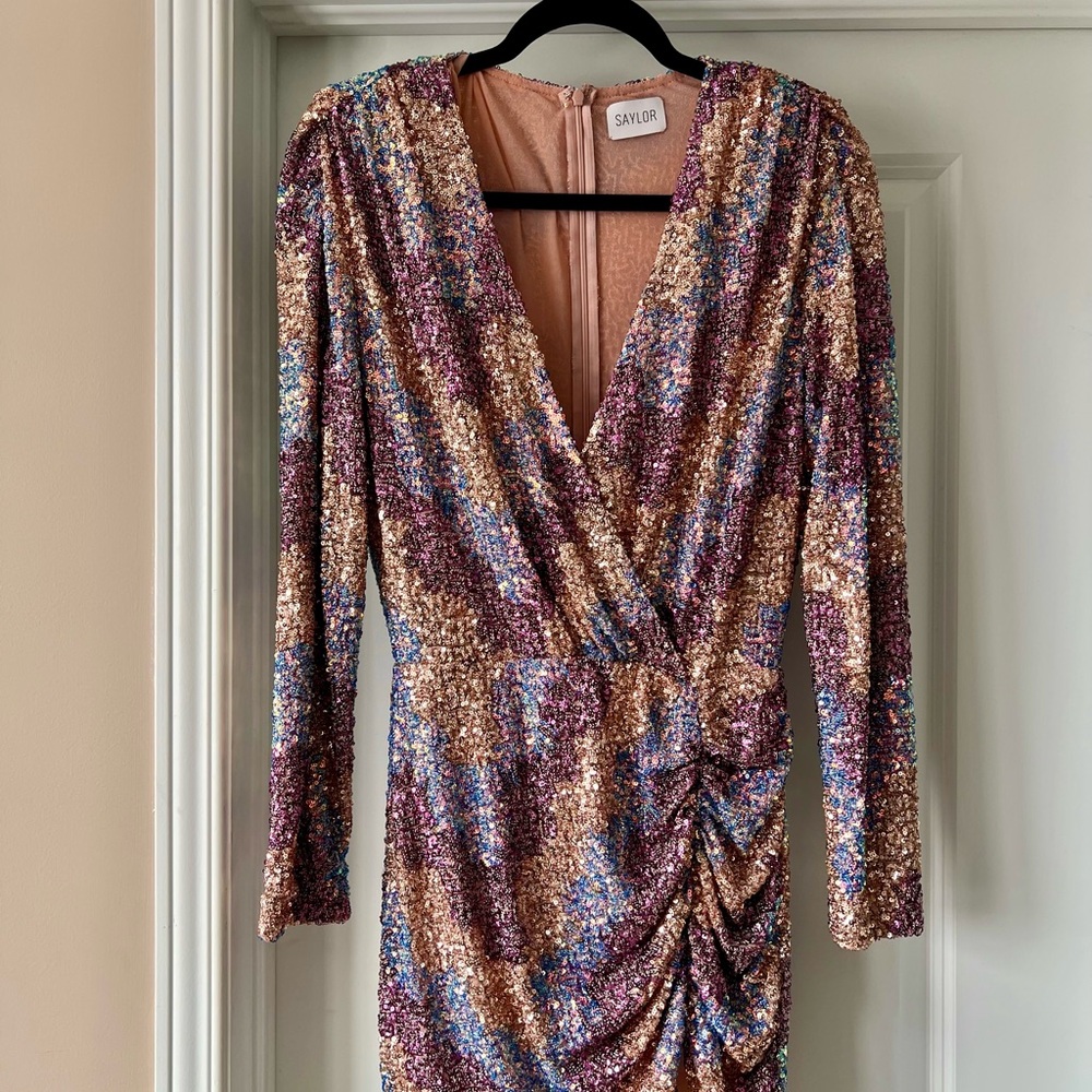 SAYLOR Purple Pink Ruched Wrap Dress - Size Small